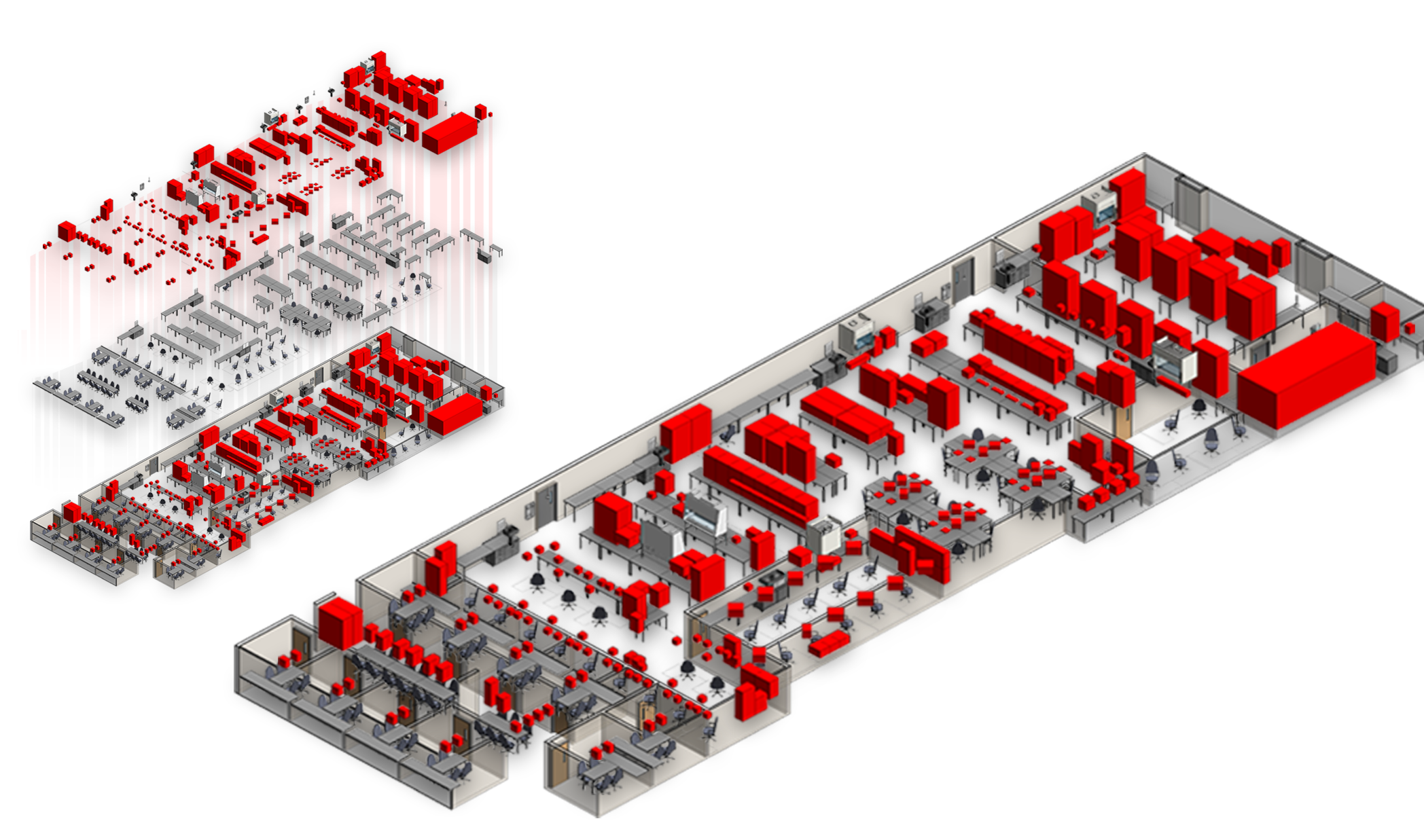 drawing of an axonometric floor plan for laboratory building concept detailed in red and gray with a detail blown out at left