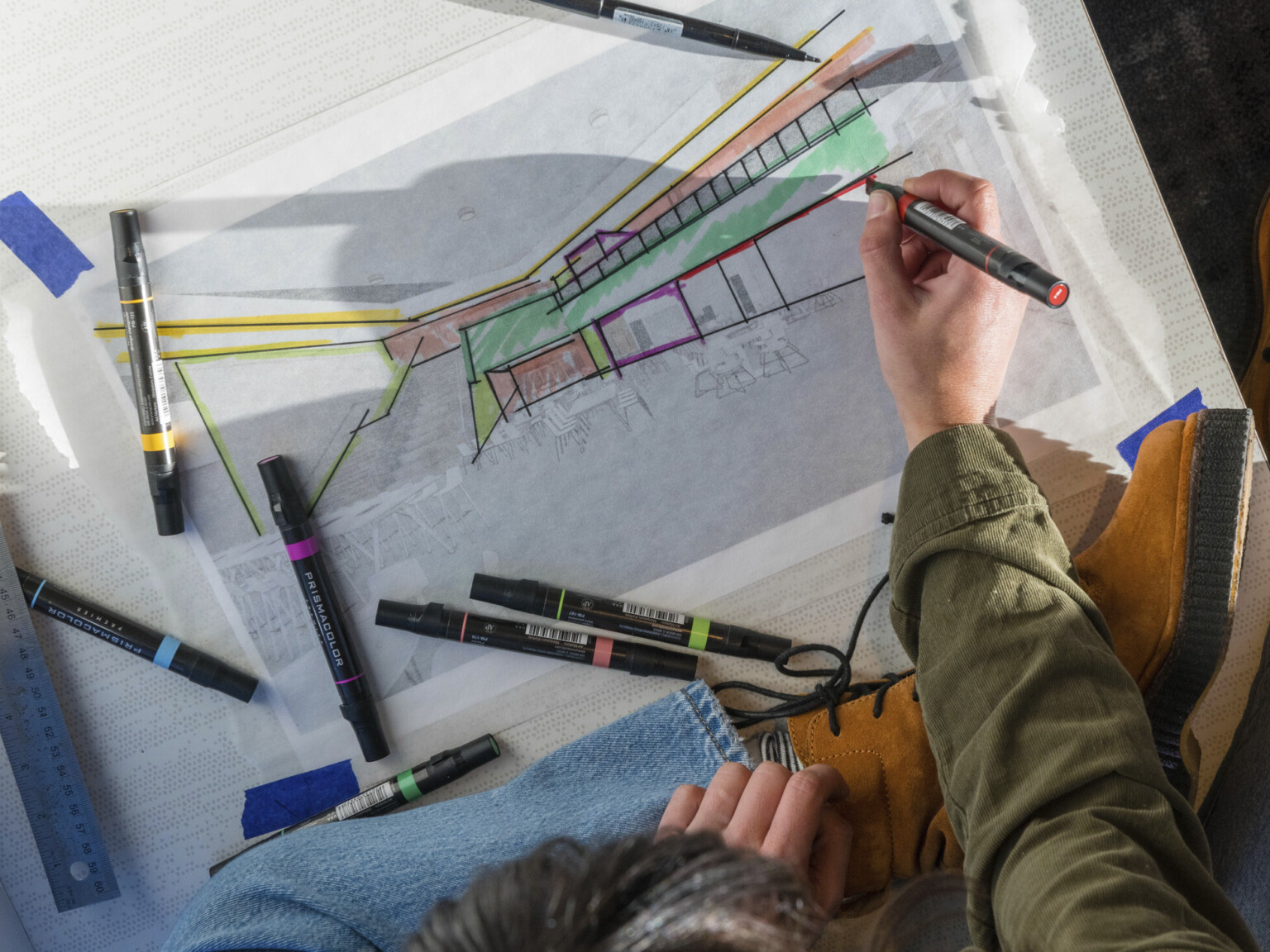 overhead view of woman drawing on an architectural plan