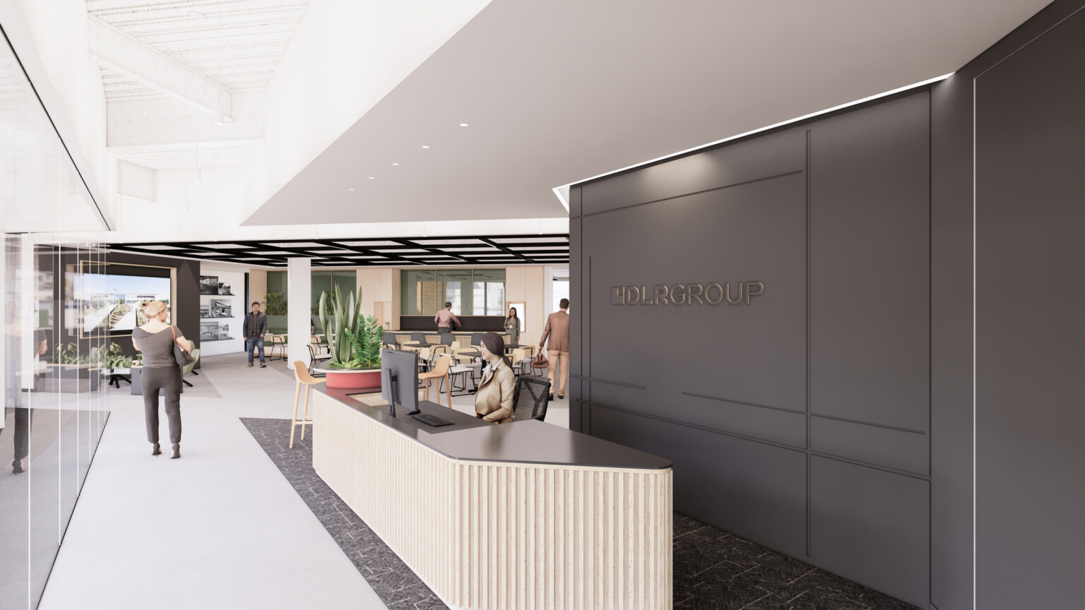 design rendering of DLR Group's new San Diego office; light wood front desk contrasts with a dark wall with logo