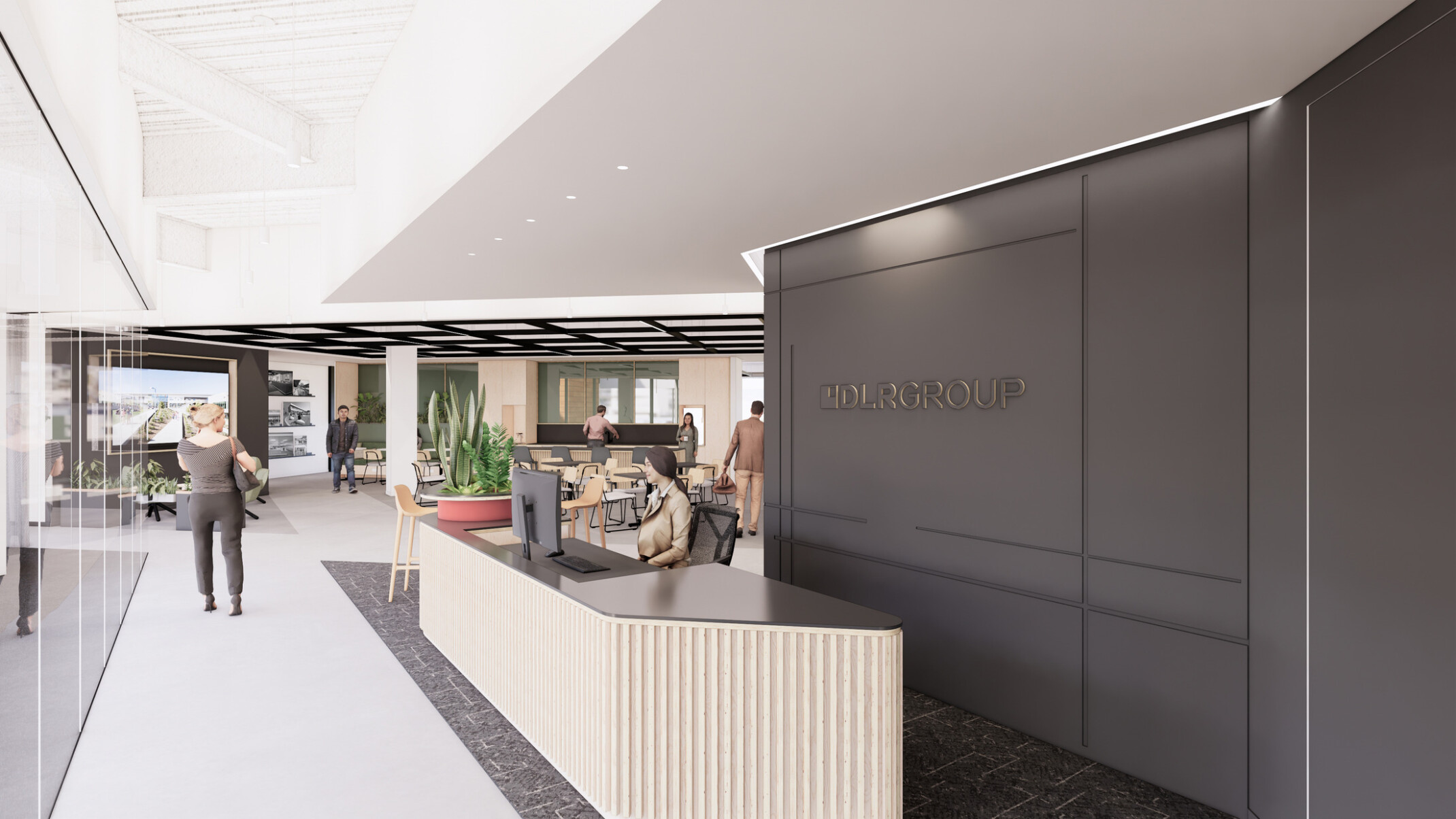 design rendering of DLR Group's new San Diego office; light wood front desk contrasts with a dark wall with logo