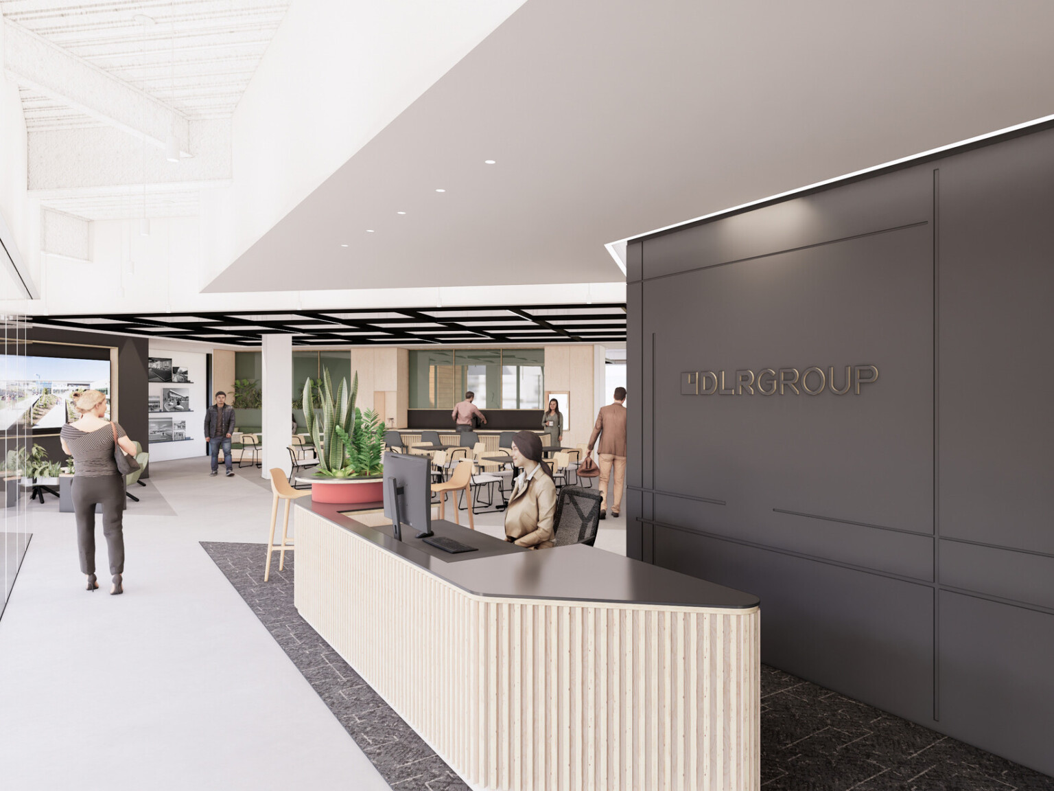 design rendering of DLR Group's new San Diego office; light wood front desk contrasts with a dark wall with logo