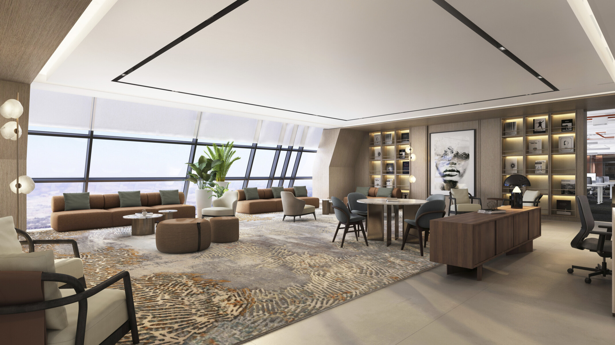 A spacious, modern office with large floor-to-ceiling windows offering panoramic views. The interior features warm earth tones, plush seating arrangements, and a mix of communal and private workspaces.