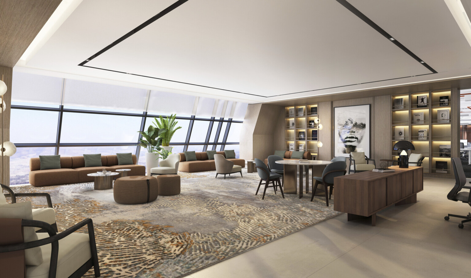 A spacious, modern office with large floor-to-ceiling windows offering panoramic views. The interior features warm earth tones, plush seating arrangements, and a mix of communal and private workspaces.