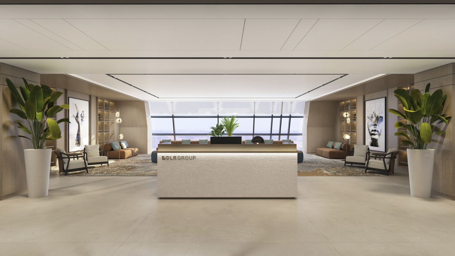 DLR Group Middle East office showing modern furnishings, large wall of windows to the back, and a white desk in the middle of the room