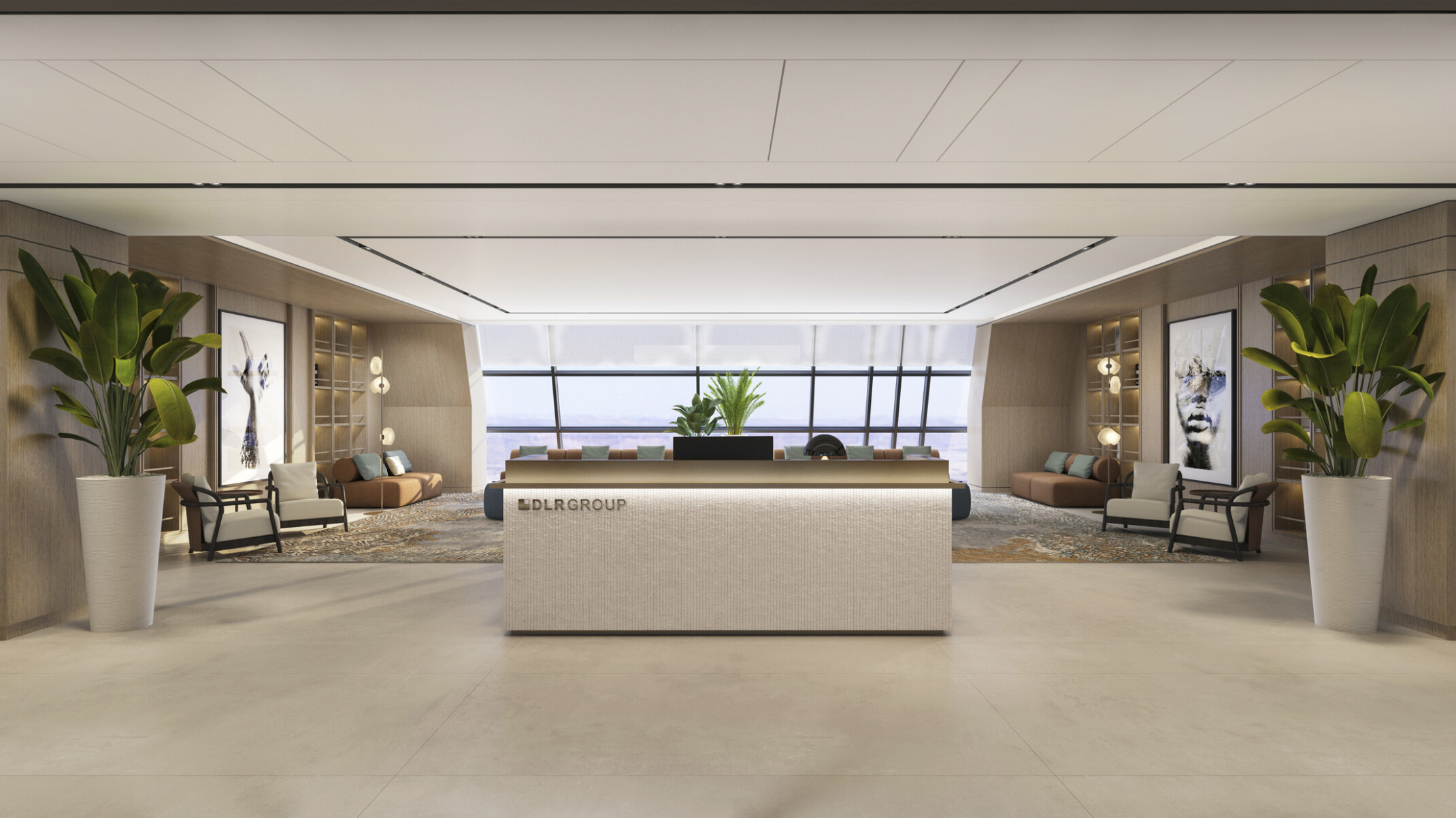 DLR Group Middle East office showing modern furnishings, large wall of windows to the back, and a white desk in the middle of the room