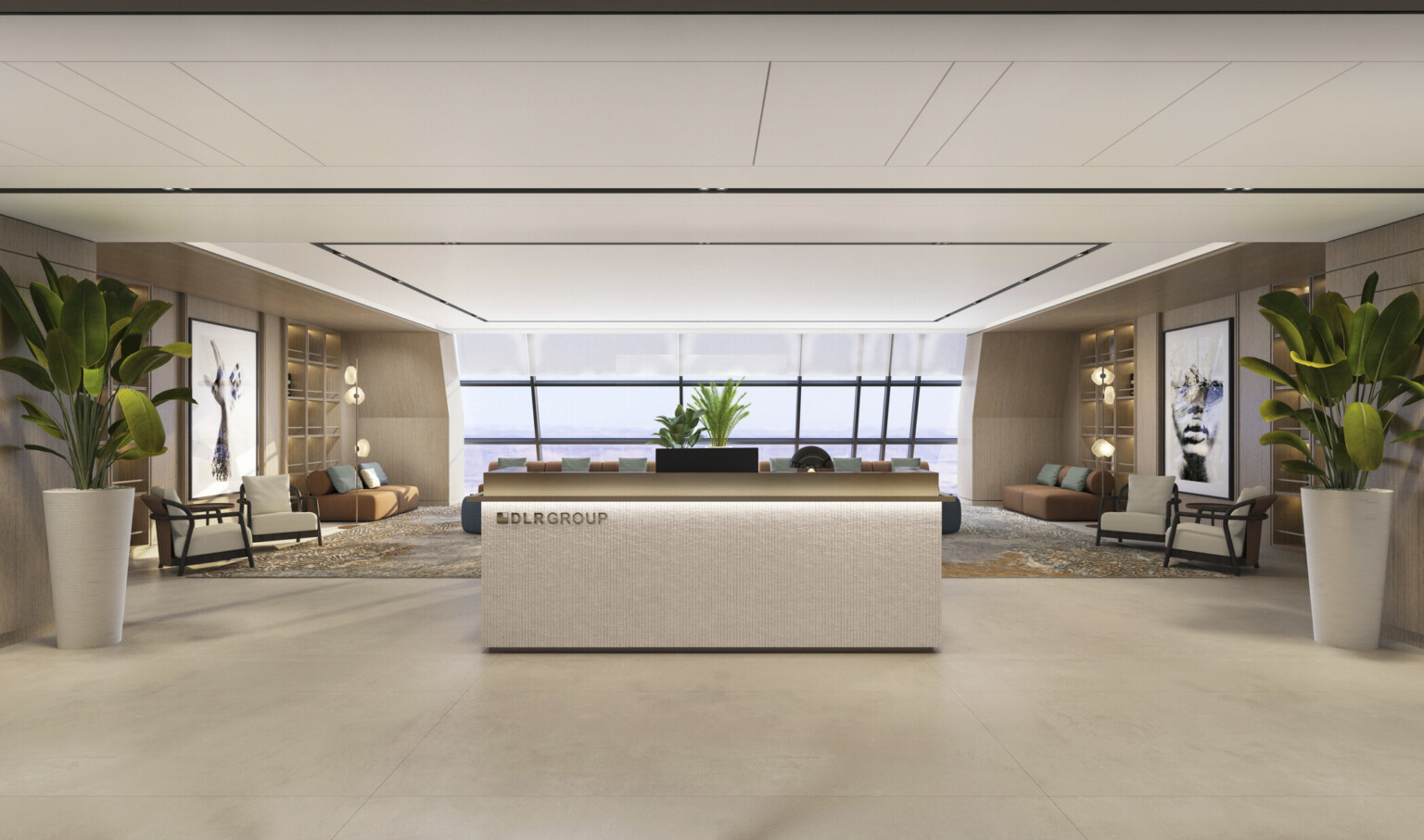 DLR Group Dubai office reception desk lobby large windows and plants