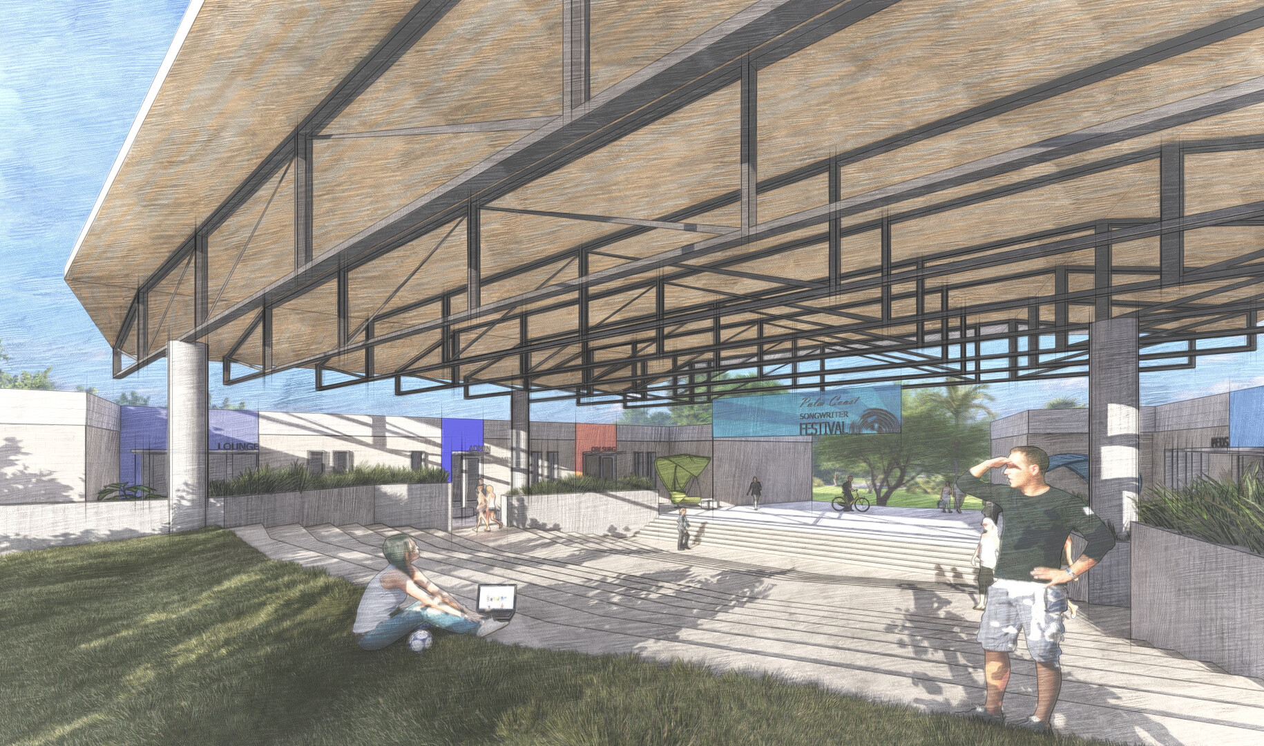 Rendering of campus exterior with lawn leading up walkway and stairs under canopy between buildings