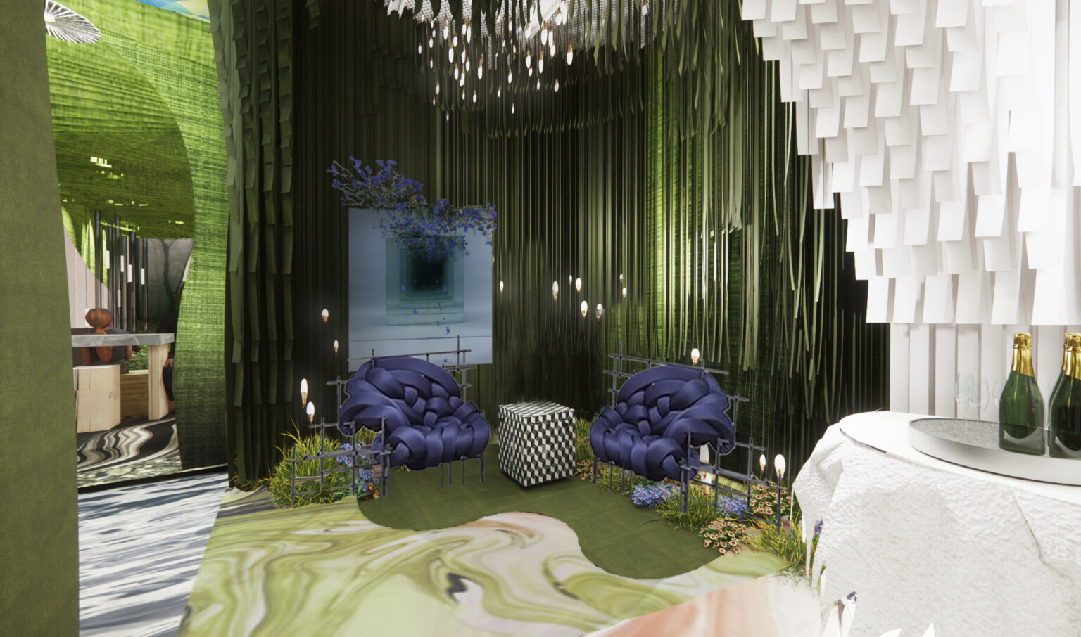 Rendering of installation space for BDNY event from DLR Group. Green textural walls with white and purple accents