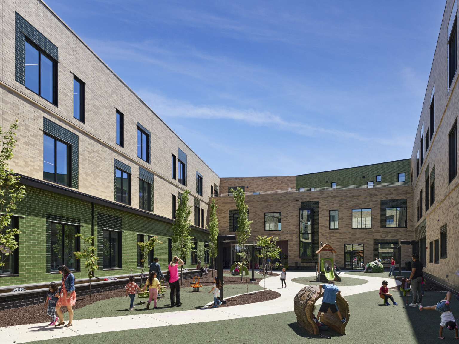 Rendering of an outdoor playground filled with green spaces, trees, and play equipment