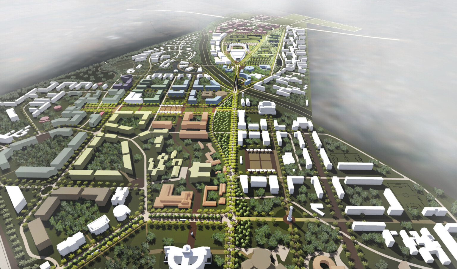 aerial view for rendered design concept of designated area for building expansion, outlines of buildings, greenery, roads
