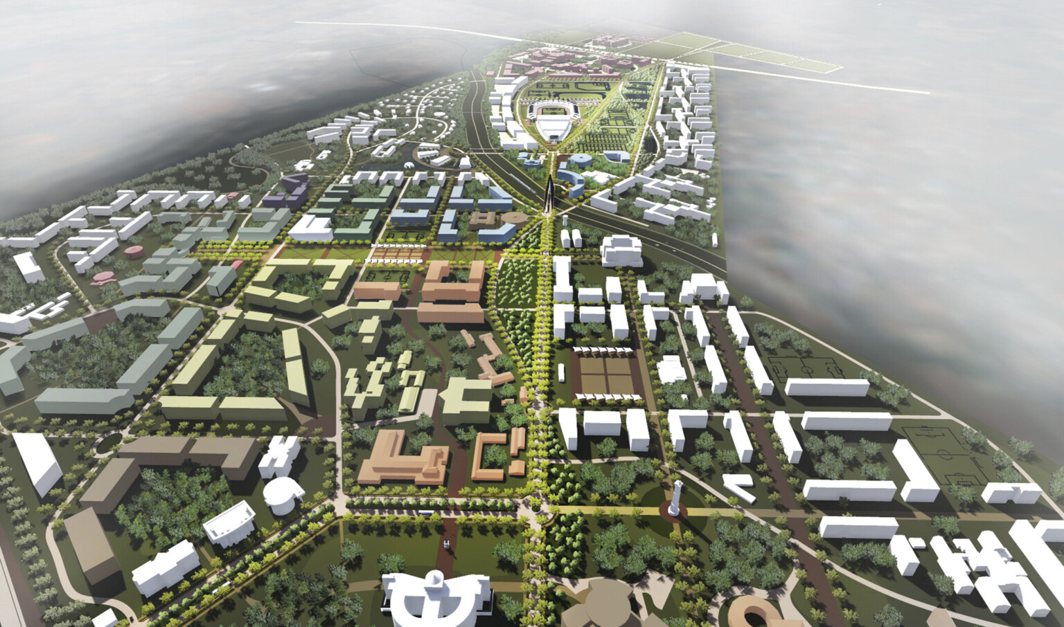 aerial view for rendered design concept of designated area for building expansion, outlines of buildings, greenery, roads aerial view for rendered design concept of designated area for building expansion, outlines of buildings, greenery, roads