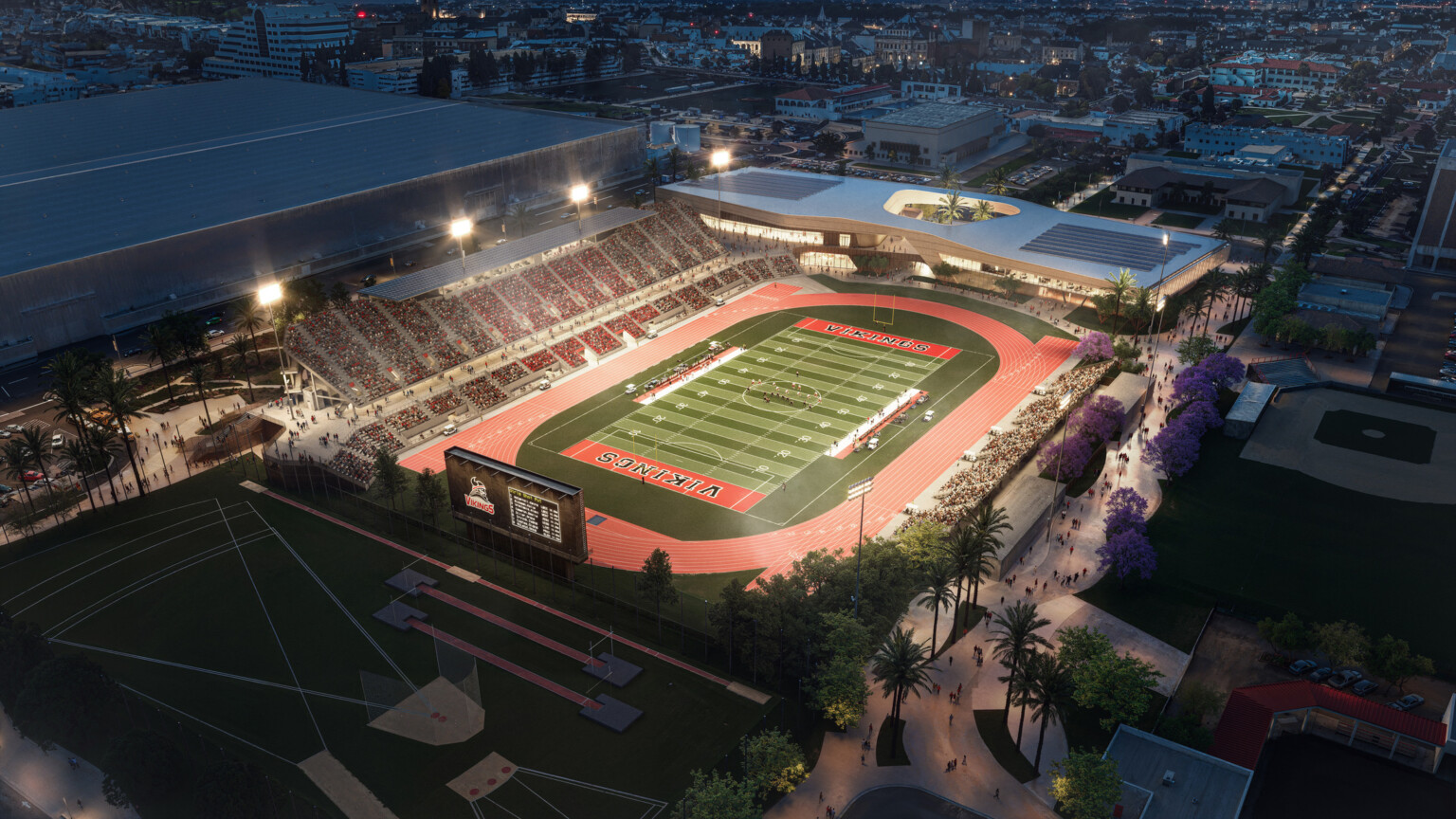 architectural rednering of long beach city college stadium; Aerial view of a brightly lit outdoor sports stadium at night