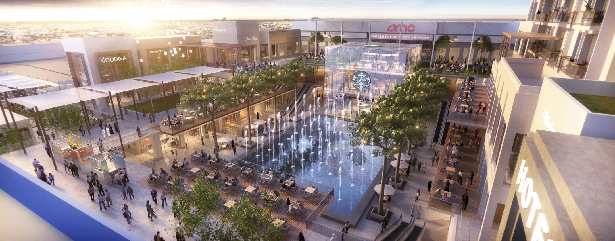 A large water fountain surrounded by busy F&B outlets and green trees.