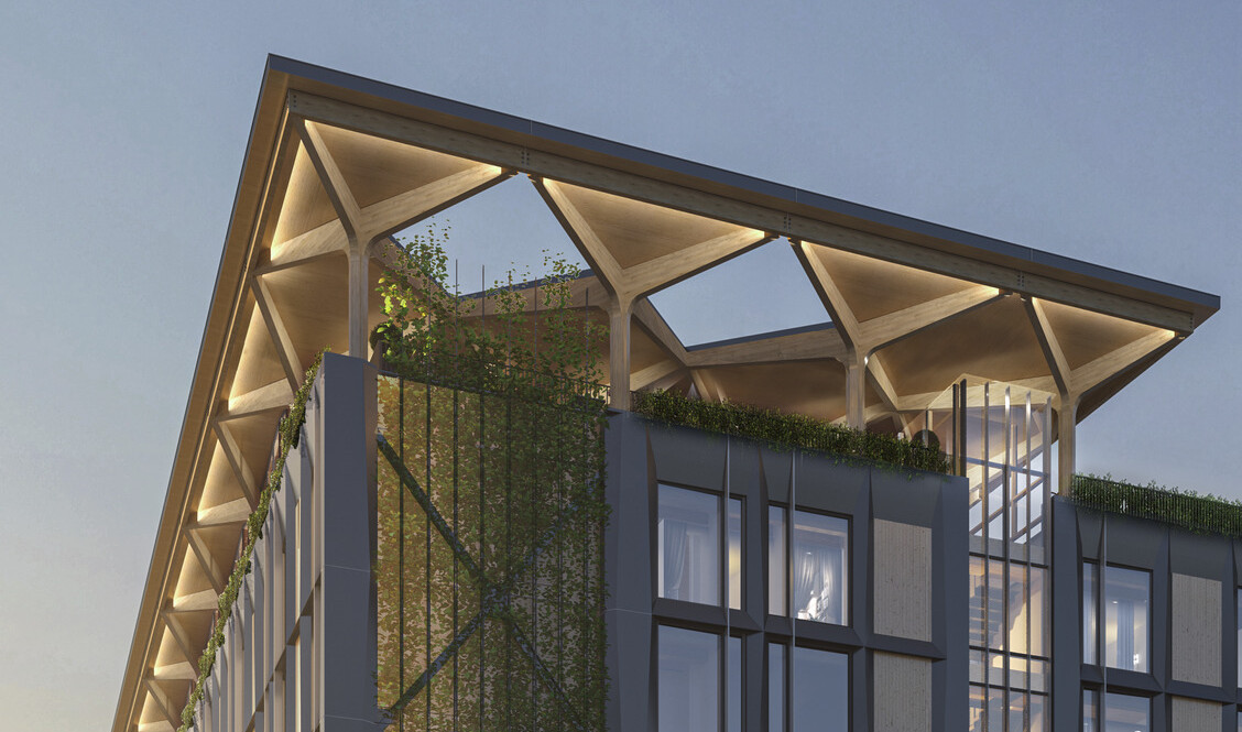 A mass timber midrise hotel with a blackened steel façade and timber infill with an arched timber canopy on a glassed-in rooftop A mass timber midrise hotel with a blackened steel façade and timber infill with an arched timber canopy on a glassed-in rooftop