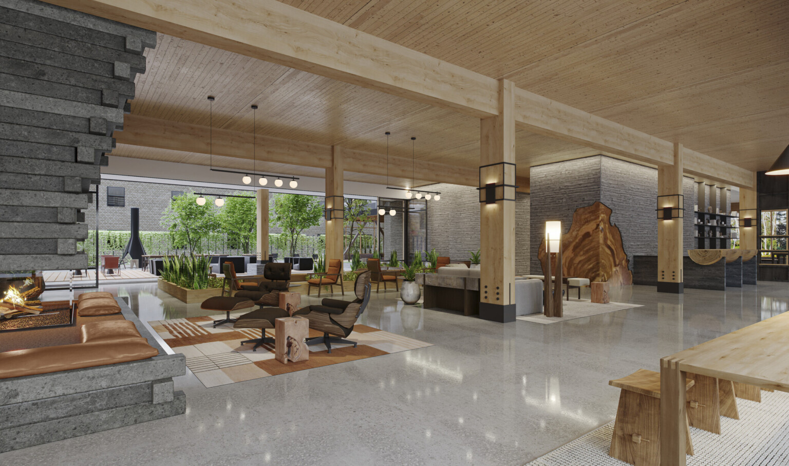 Interior lounge space with comfortable seating in hotel. Exposed wood, floor to ceiling windows with views of natural. Stone fire place.