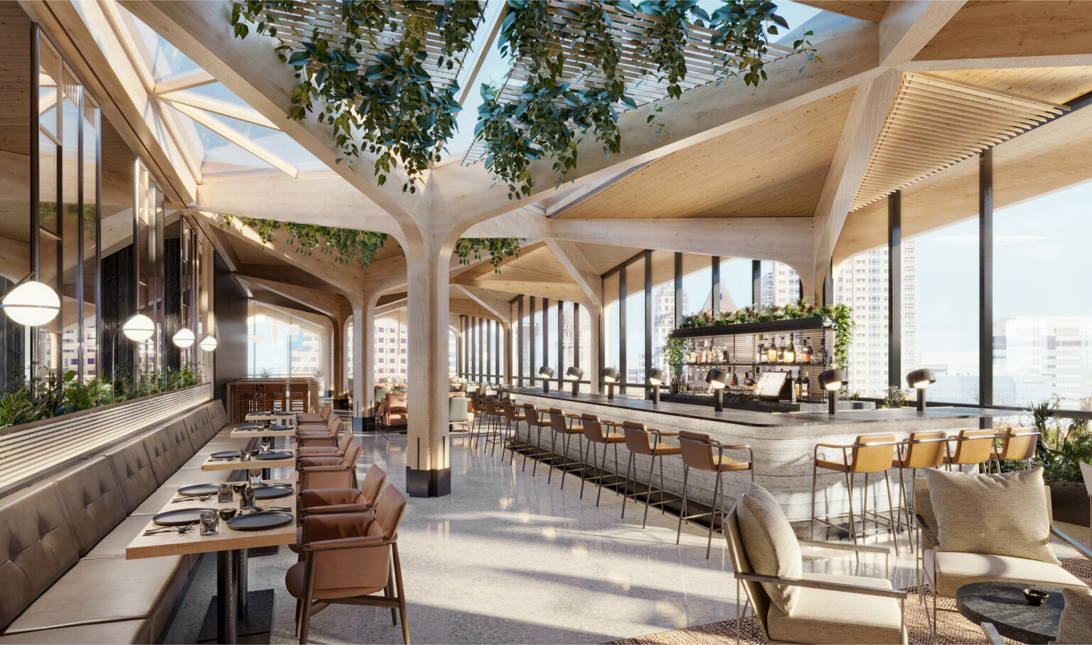 Mass timber hotel rendering. Dining space in restaurant with skylight views and geometric ceiling, green living wall ceiling