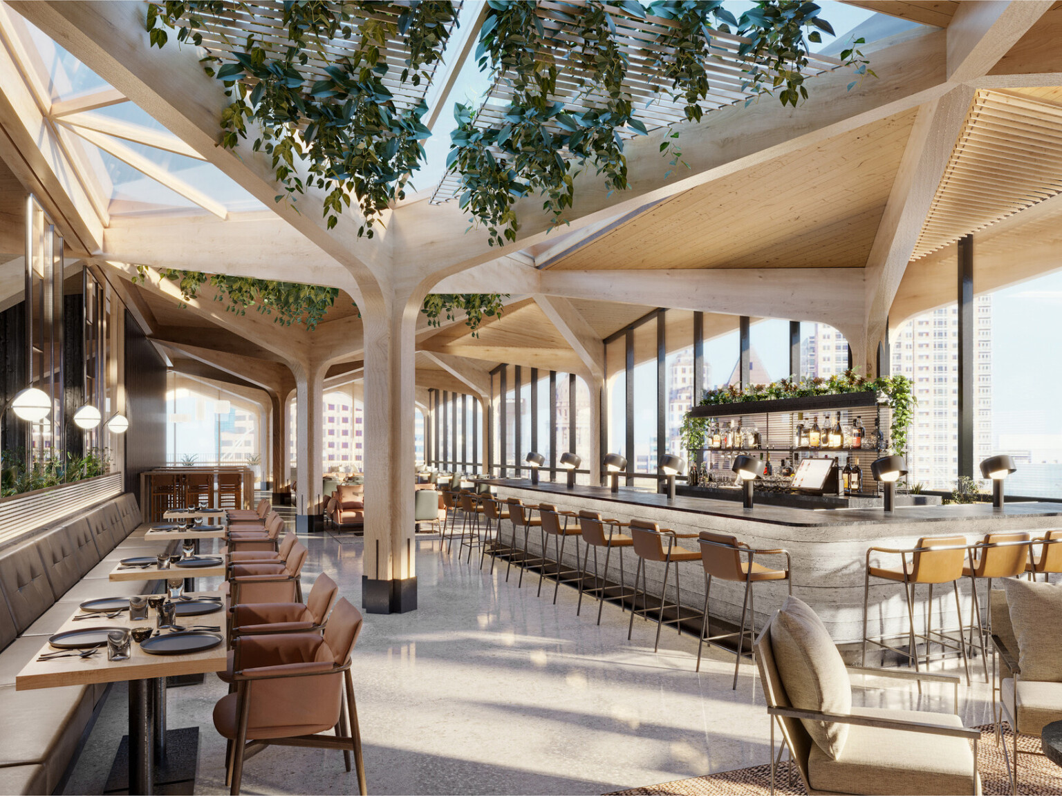 Mass timber hotel rendering. Dining space in restaurant with skylight views and geometric ceiling, green living wall ceiling
