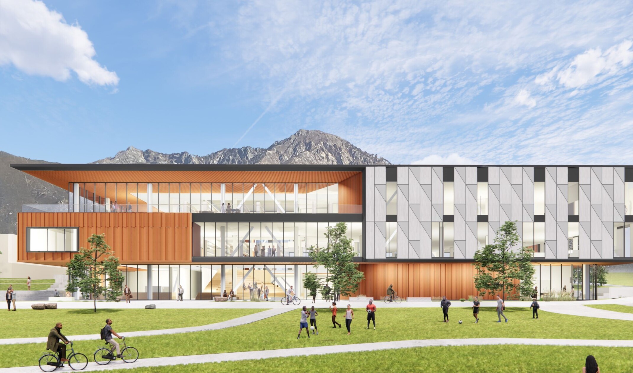 exterior design concept for an academic library; three story building with orange paneling and metal details