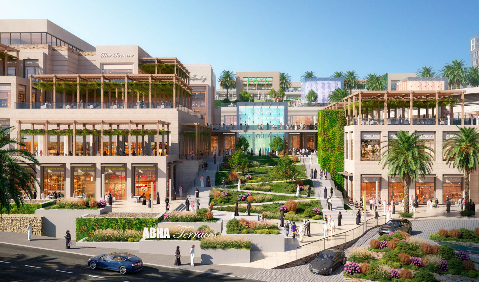 Abha Mixed-Use development in the Kingdom of Saudi Arabia. Multistory buildings around central green courtyard Abha Mixed-Use development in the Kingdom of Saudi Arabia. Multistory buildings around central green courtyard