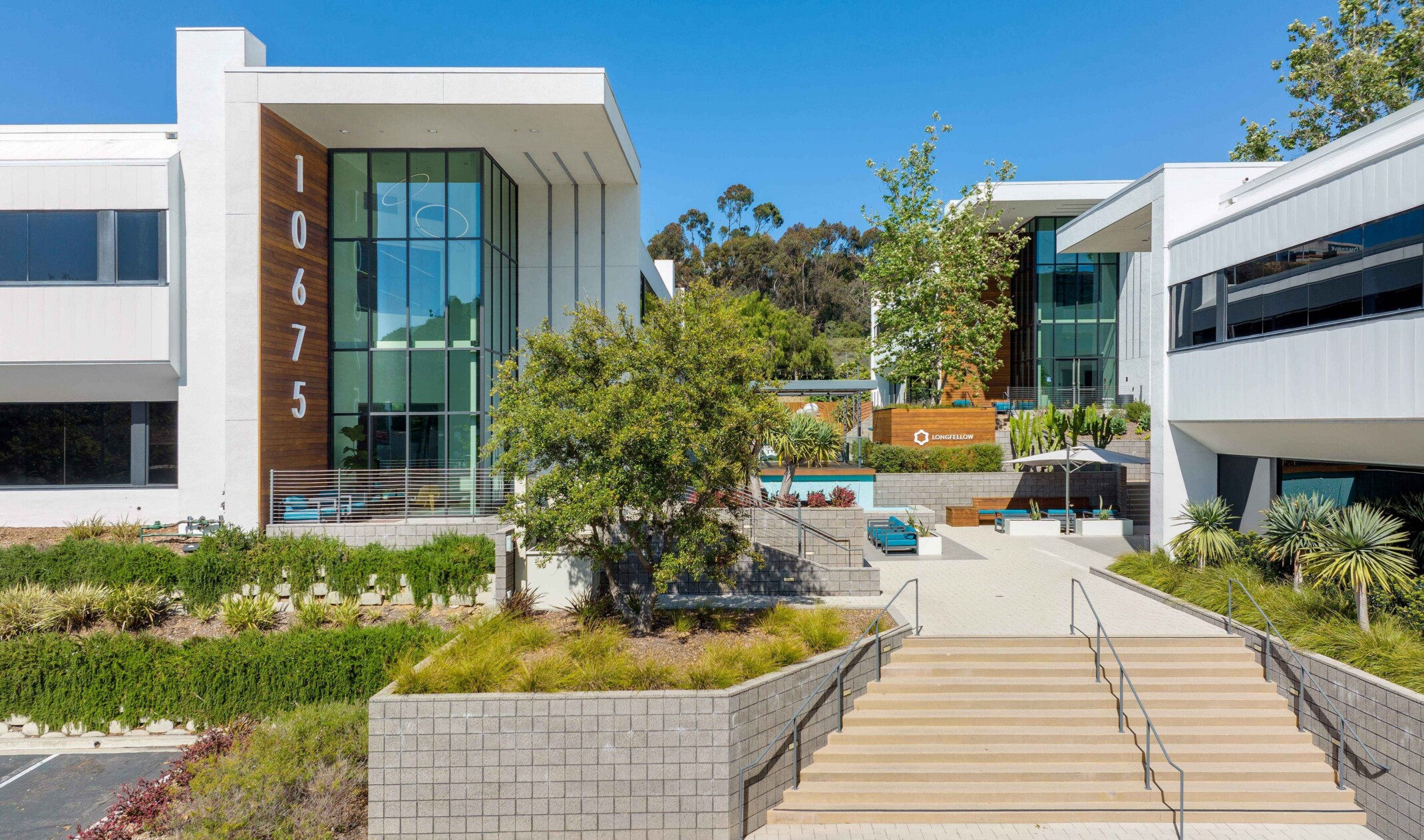 exterior of a modern building with a multi-facade treatment; entrance with floor to ceiling windows