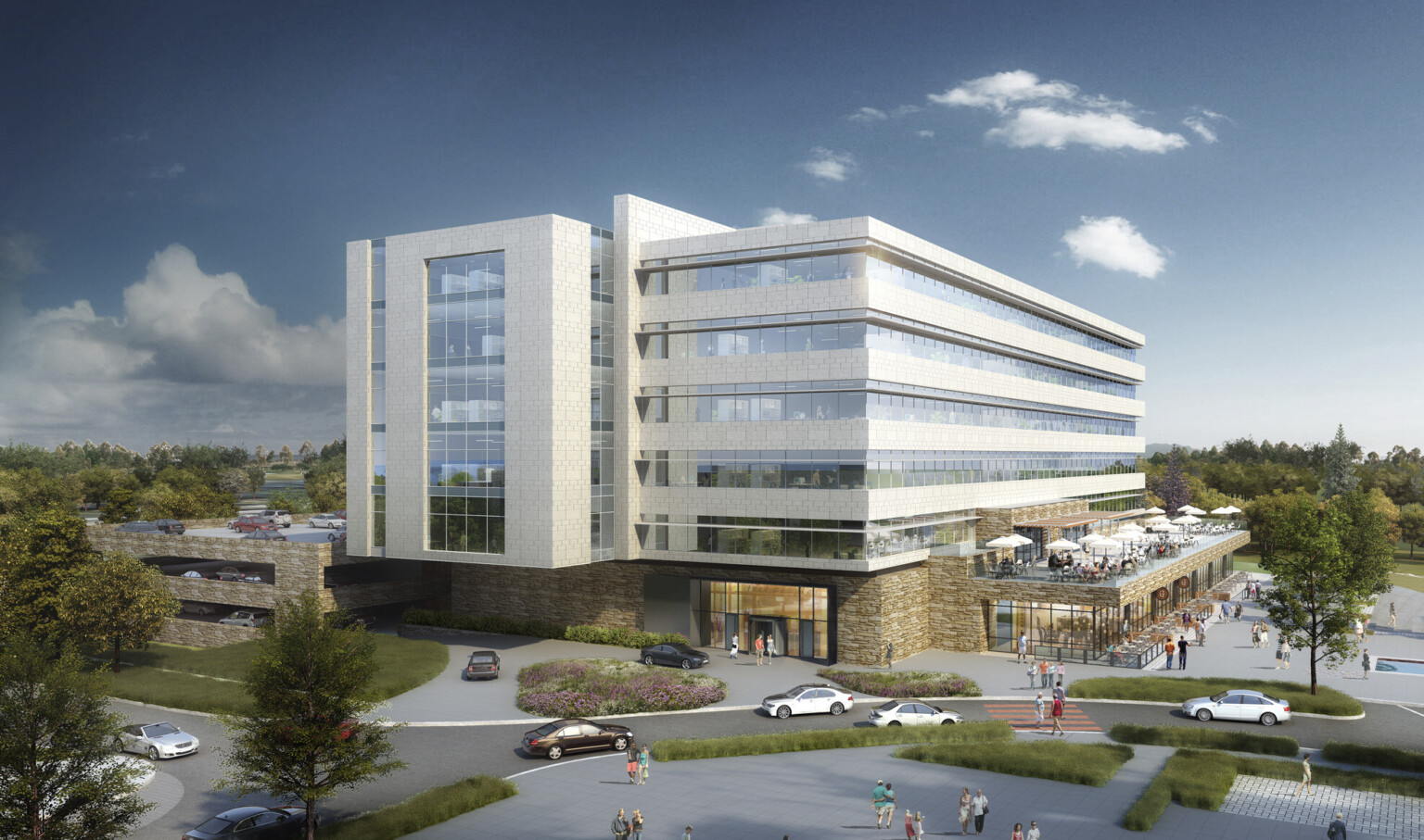 Stone base of glass building with white wrapped facade. 2nd floor balcony with seating over double height window 1st floor