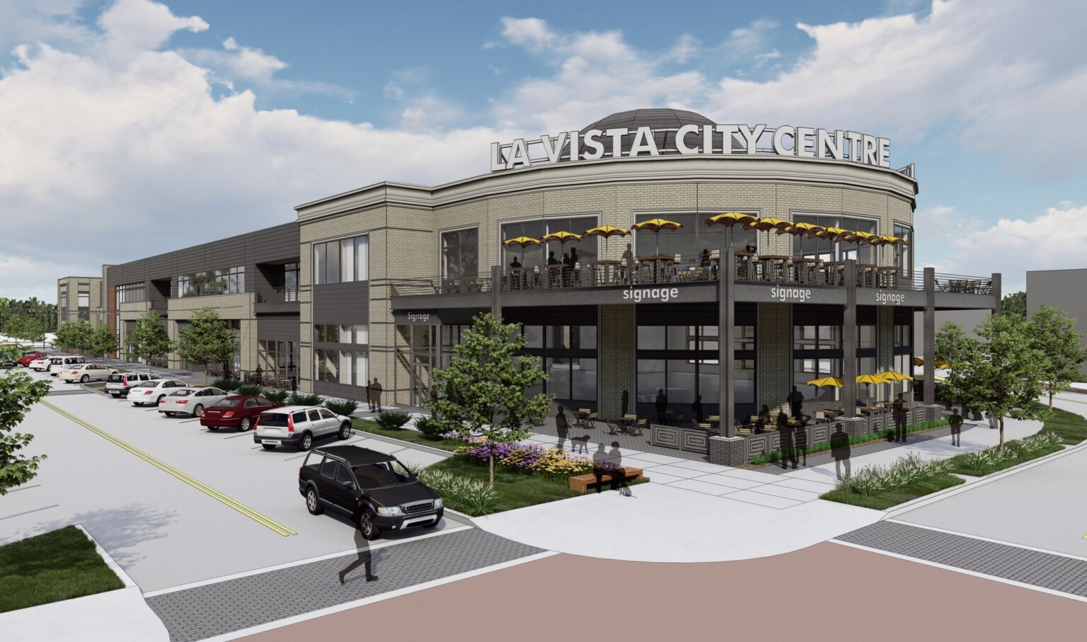 Light brick building with white La Vista City Centre sign in front of dark dome. Outdoor dining on patio and balcony
