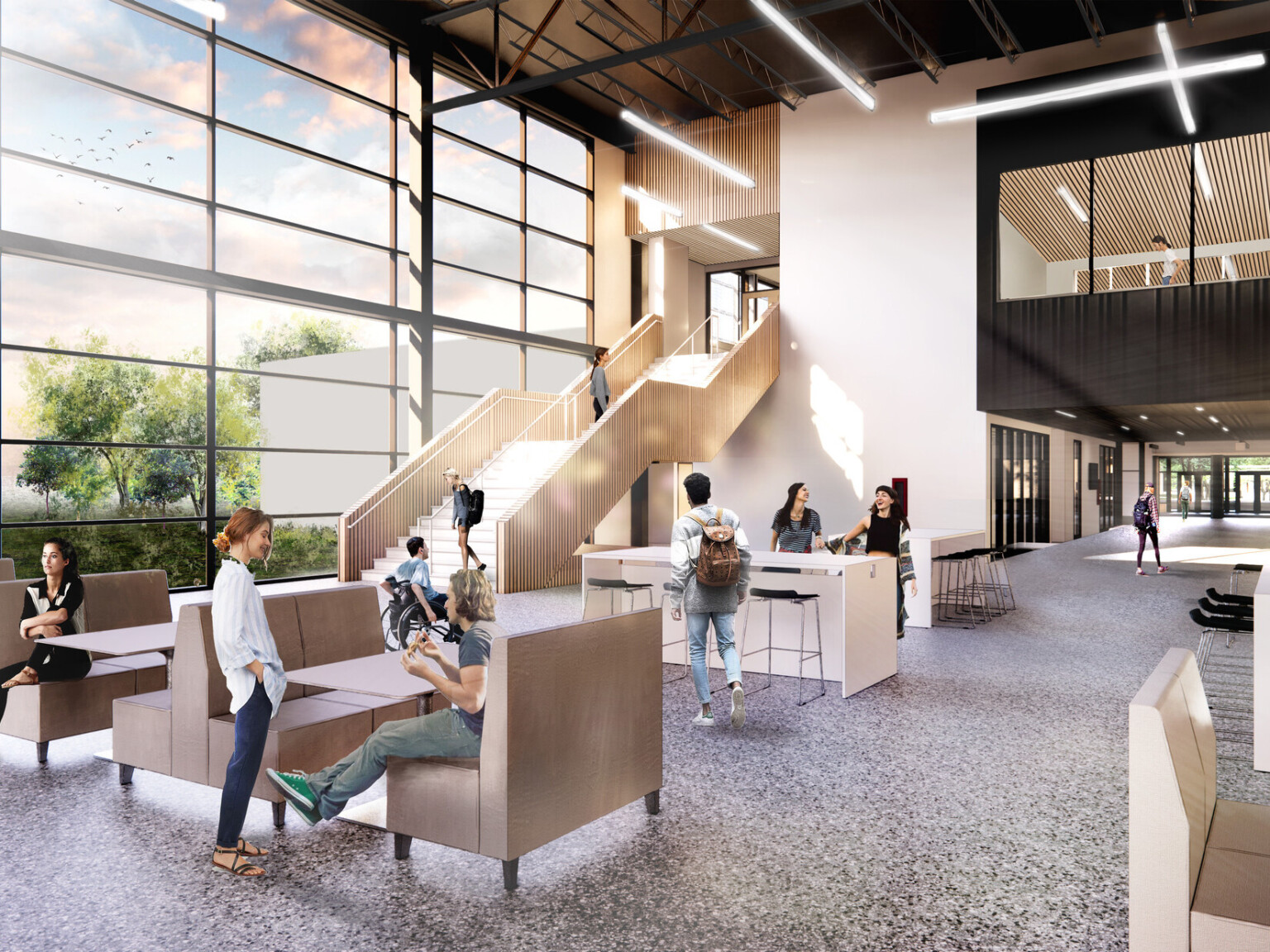 floor-to-ceiling windows provide natural light that helps provide focus for students and faculty, triple-height ceiling gives a sense of expansiveness, polished concrete flooring, light wood staircase, comfortable seating in muted creams, greys, and beiges promote a sense of well-being floor-to-ceiling windows provide natural light that helps provide focus for students and faculty, triple-height ceiling gives a sense of expansiveness, polished concrete flooring, light wood staircase, comfortable seating in muted creams, greys, and beiges promote a sense of well-being