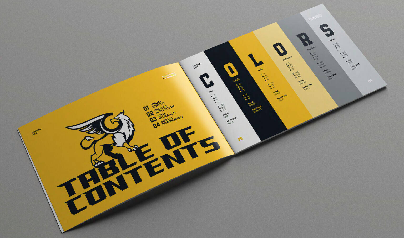 Gretna East High School brand book with table of contents and colors