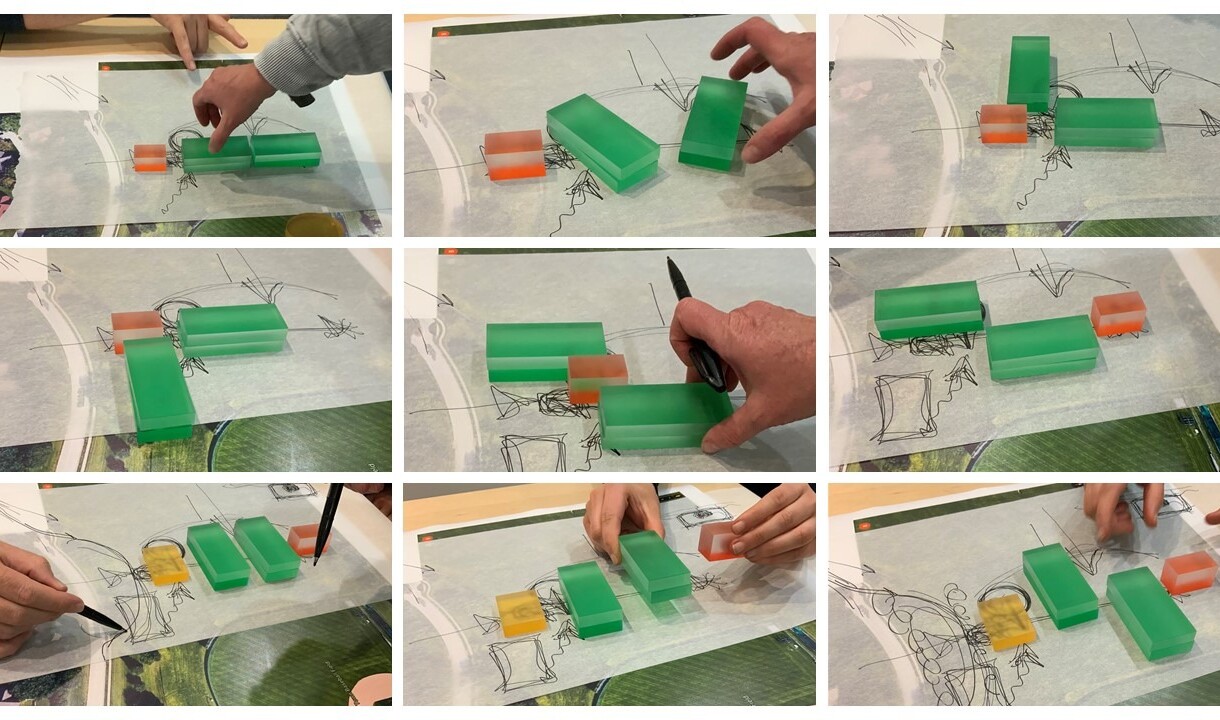 2 people stacking blocks in different parts of a rendering to simulate different potential design solutions 2 people stacking blocks in different parts of a rendering to simulate different potential design solutions