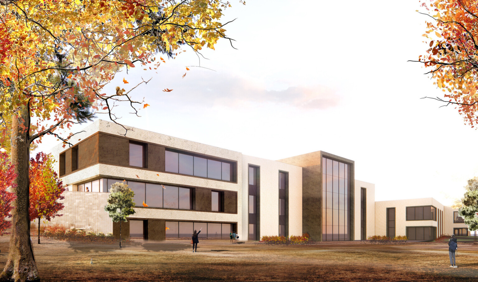 Boys Town school design concept, a white low rise complex with perpendicular, intersecting forms Boys Town school design concept, a white low rise complex with perpendicular, intersecting forms
