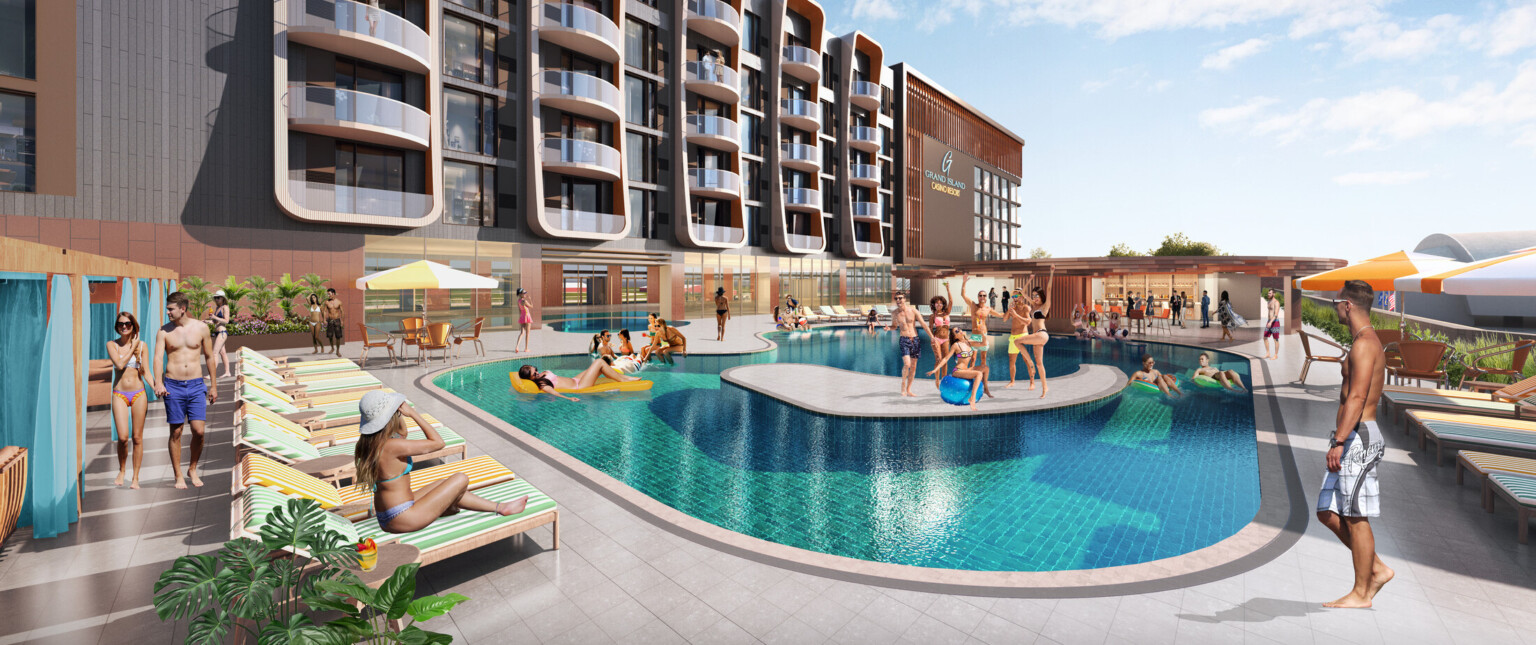Rendering of a hotel overlooking a pool filled with people swimming and lounging in chairs