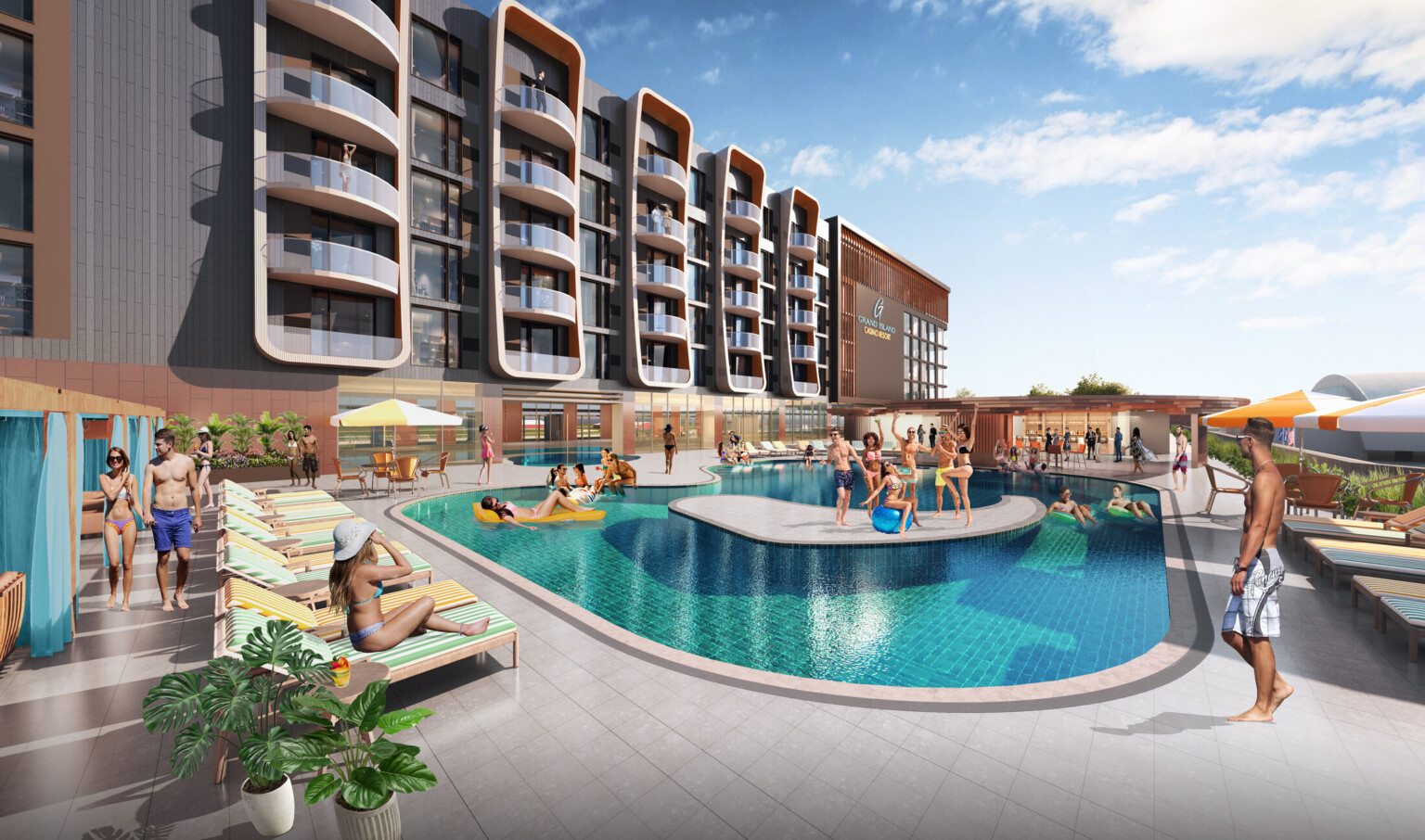 Rendering of a hotel overlooking a pool filled with people swimming and lounging in chairs Rendering of a hotel overlooking a pool filled with people swimming and lounging in chairs