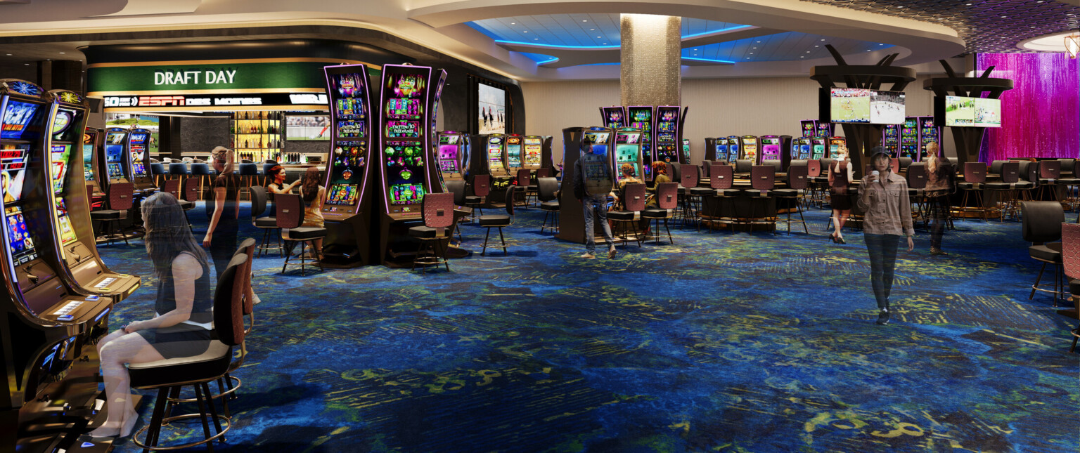 Rendering of a hotel casino with colorful carpet filled with slot machines and gaming tables