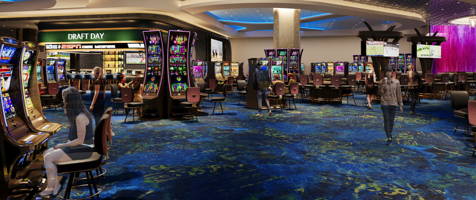 Rendering of a hotel casino with colorful carpet filled with slot machines and gaming tables