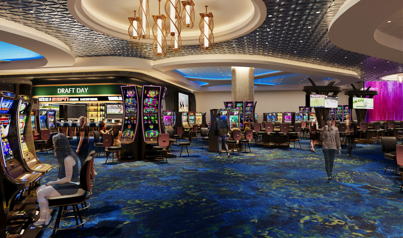 Rendering of a hotel casino with colorful carpet filled with slot machines and gaming tables