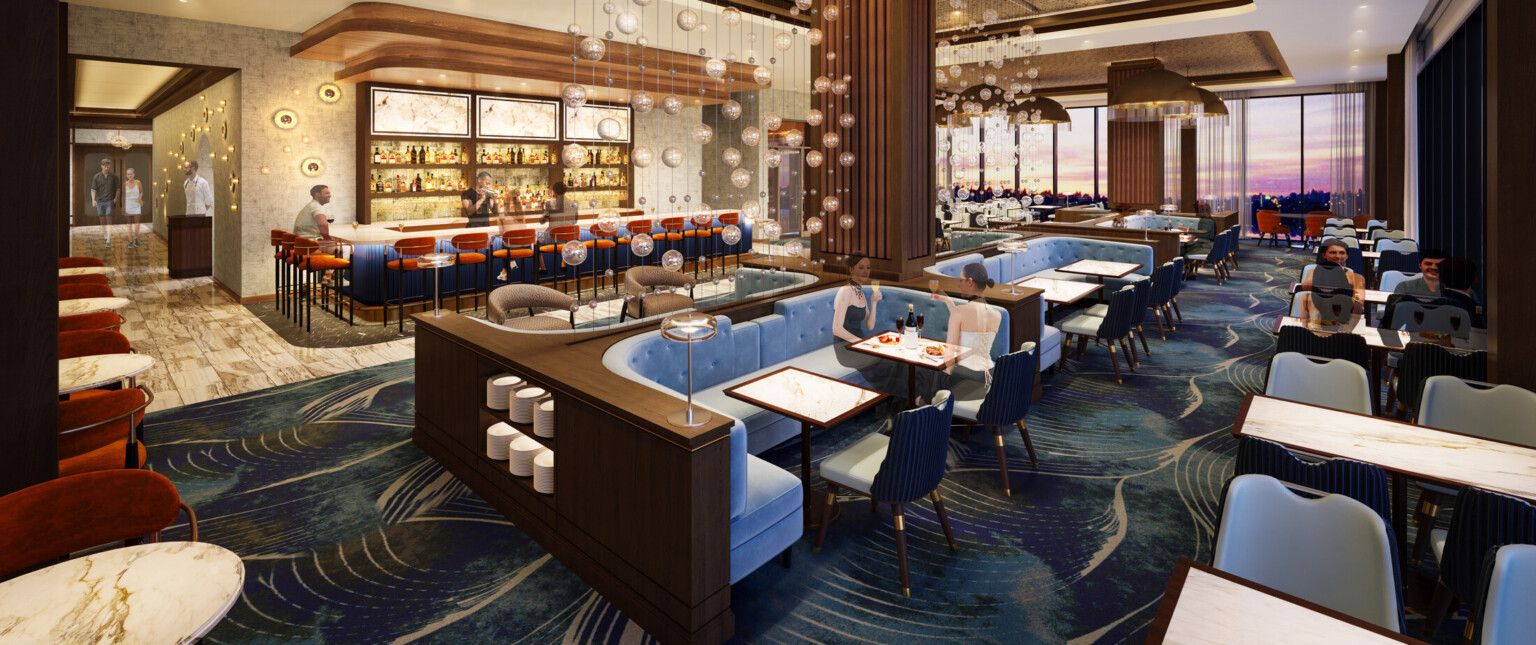 Rendering of a hotel restaurant showing clean white seating areas with bubble lighting suspended from the ceiling