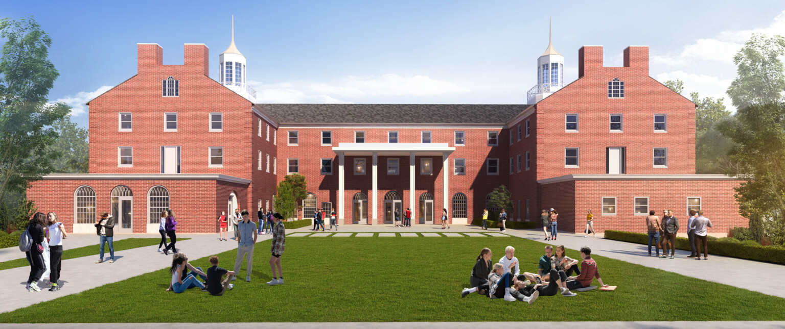 Rendering of a university campus showing a brick building with white accents with a large grassy area filled with students