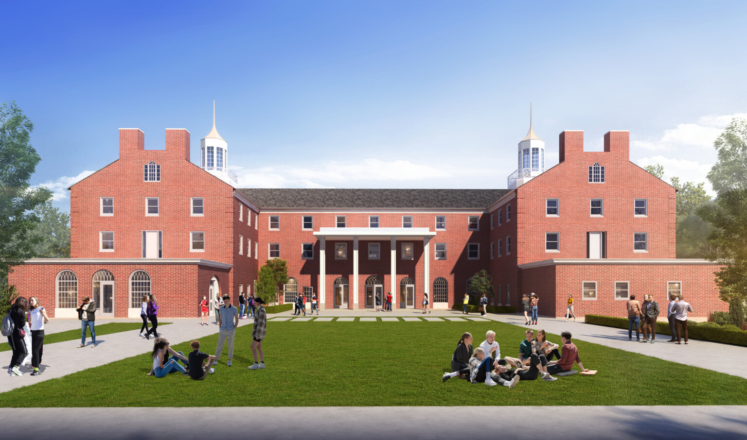 Rendering of a university campus showing a brick building with white accents with a large grassy area filled with students