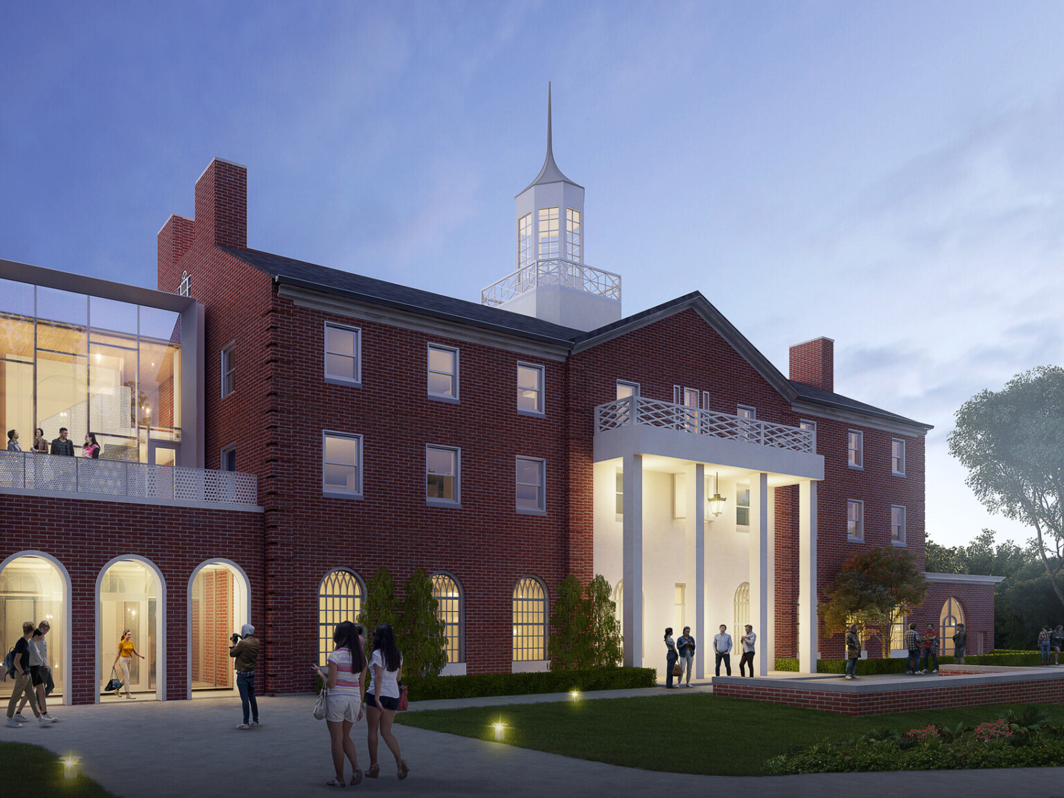 Rendering at dusk of a college campus showing a brick building with white accents with windows filled with light