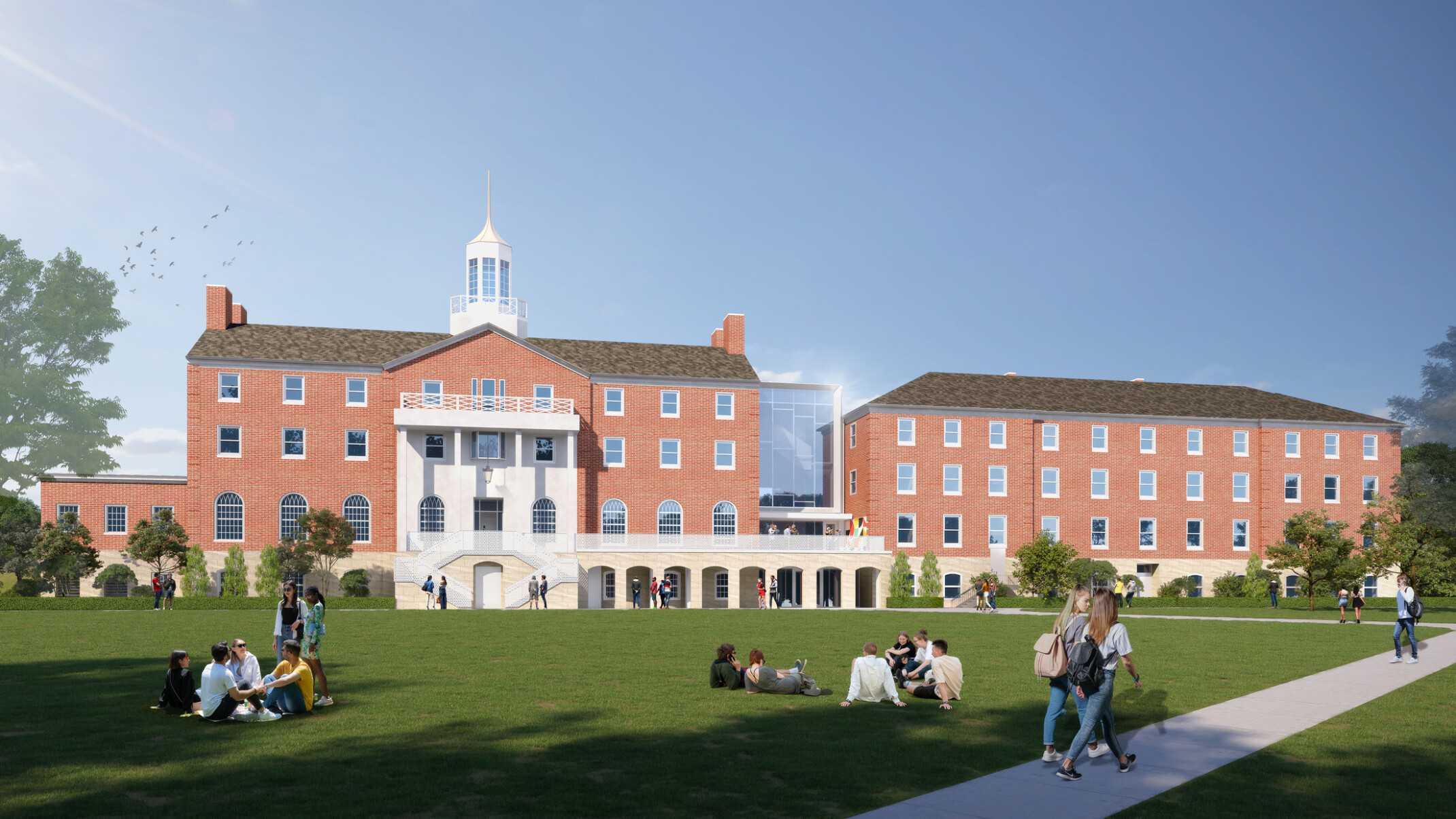 Rendering of the college university campus showing two brick buildings with white accents