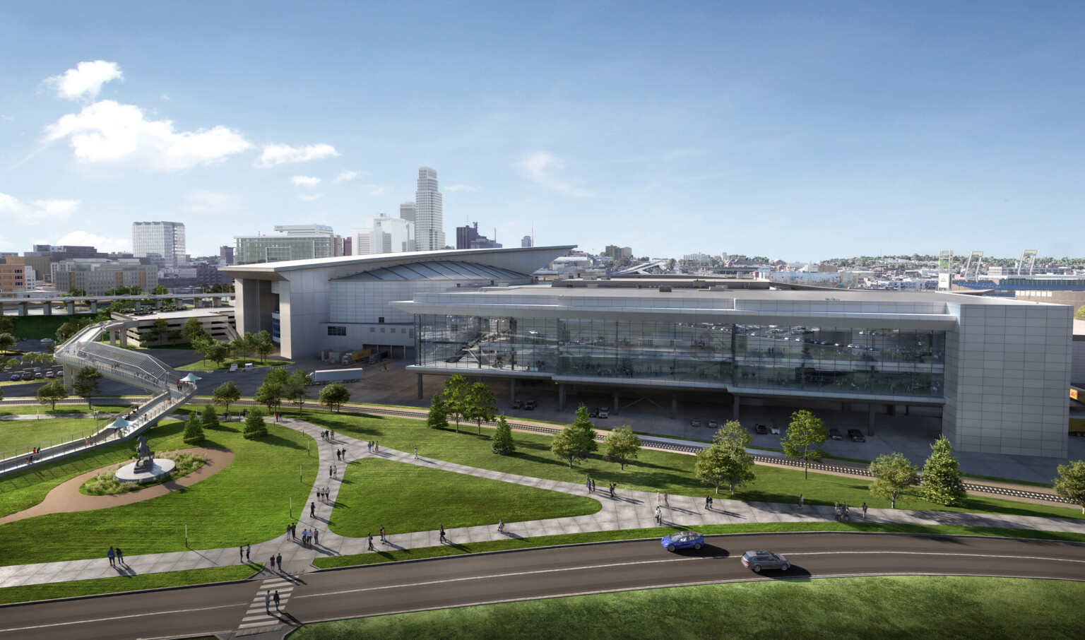 rendering of CHI Health Center Omaha Arena-Convention Center against a bluesky; largely glass facade building