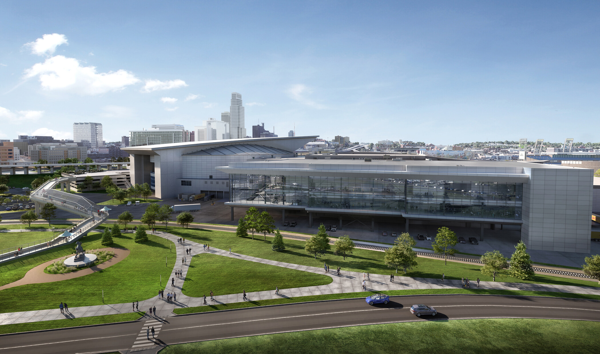 rendering of CHI Health Center Omaha Arena-Convention Center against a bluesky; largely glass facade building