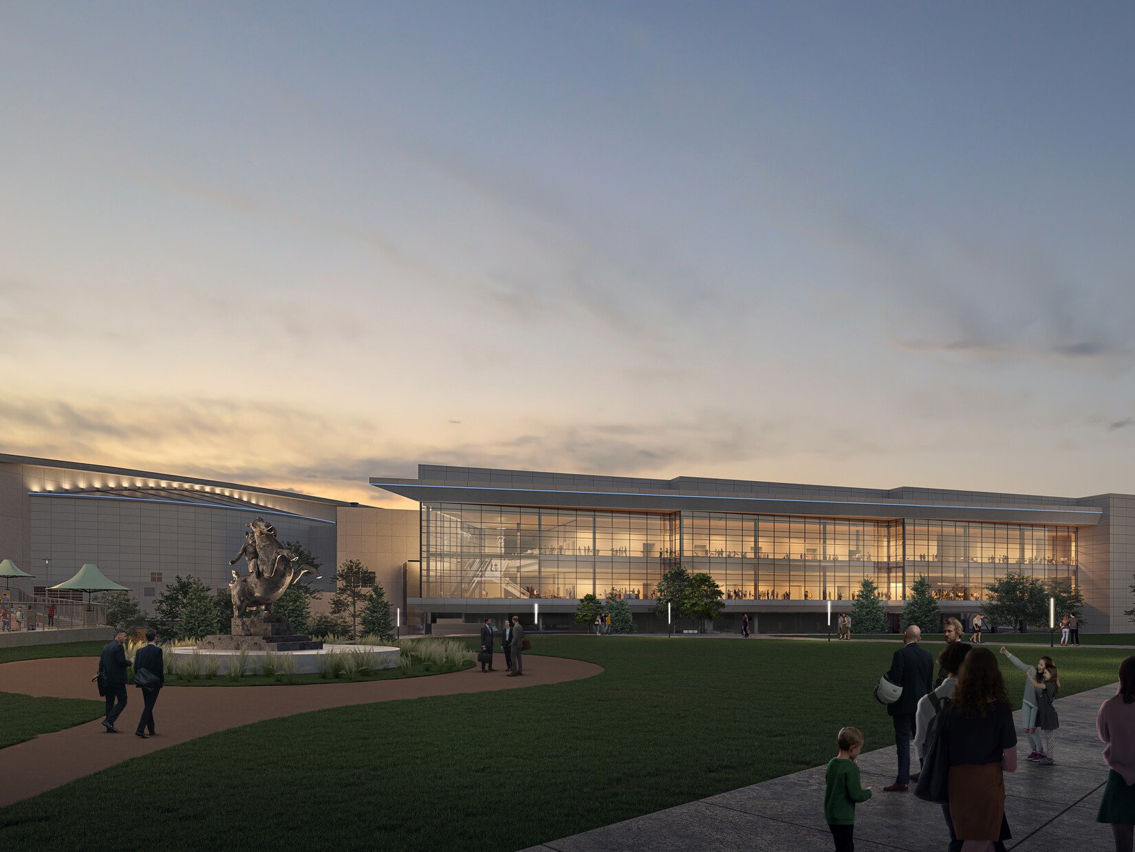 rendering of CHI Health Center Omaha Arena-Convention Center against a sunset; largely glass facade building
