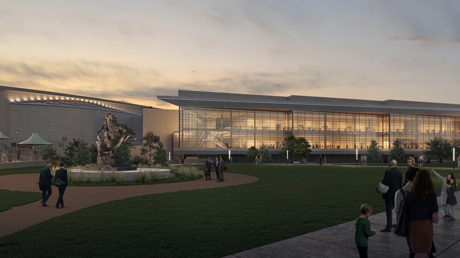 rendering of CHI Health Center Omaha Arena-Convention Center against a sunset; largely glass facade building