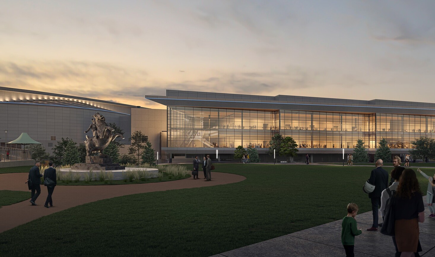 rendering of CHI Health Center Omaha Arena-Convention Center against a sunset; largely glass facade building