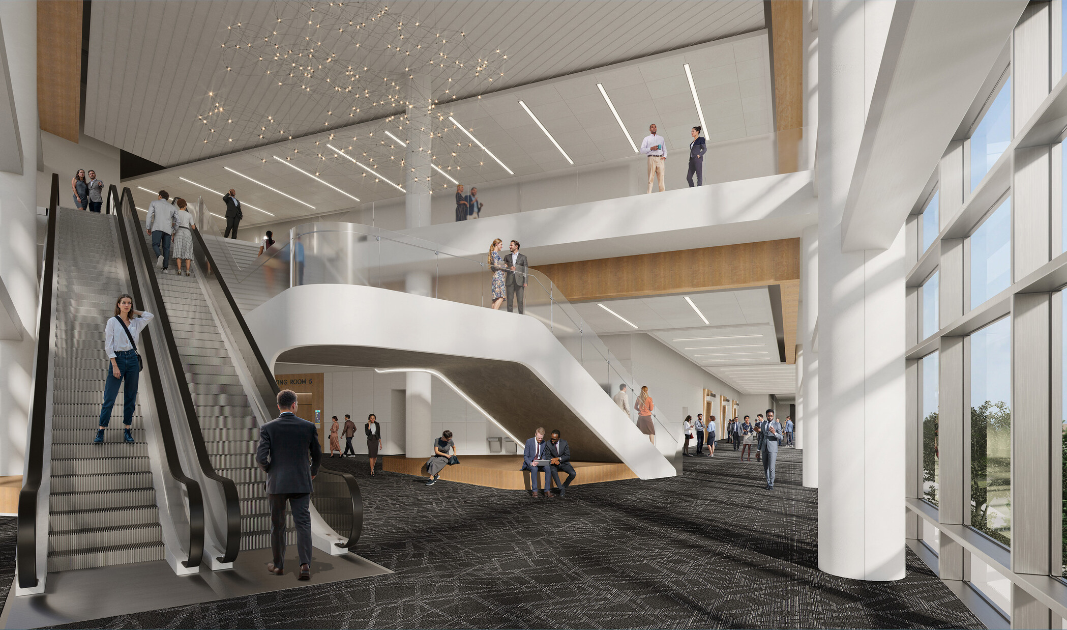 interior rendering of a large transitional space in rendering of CHI Health Center Omaha Arena-Convention Center; double height space with large stairways