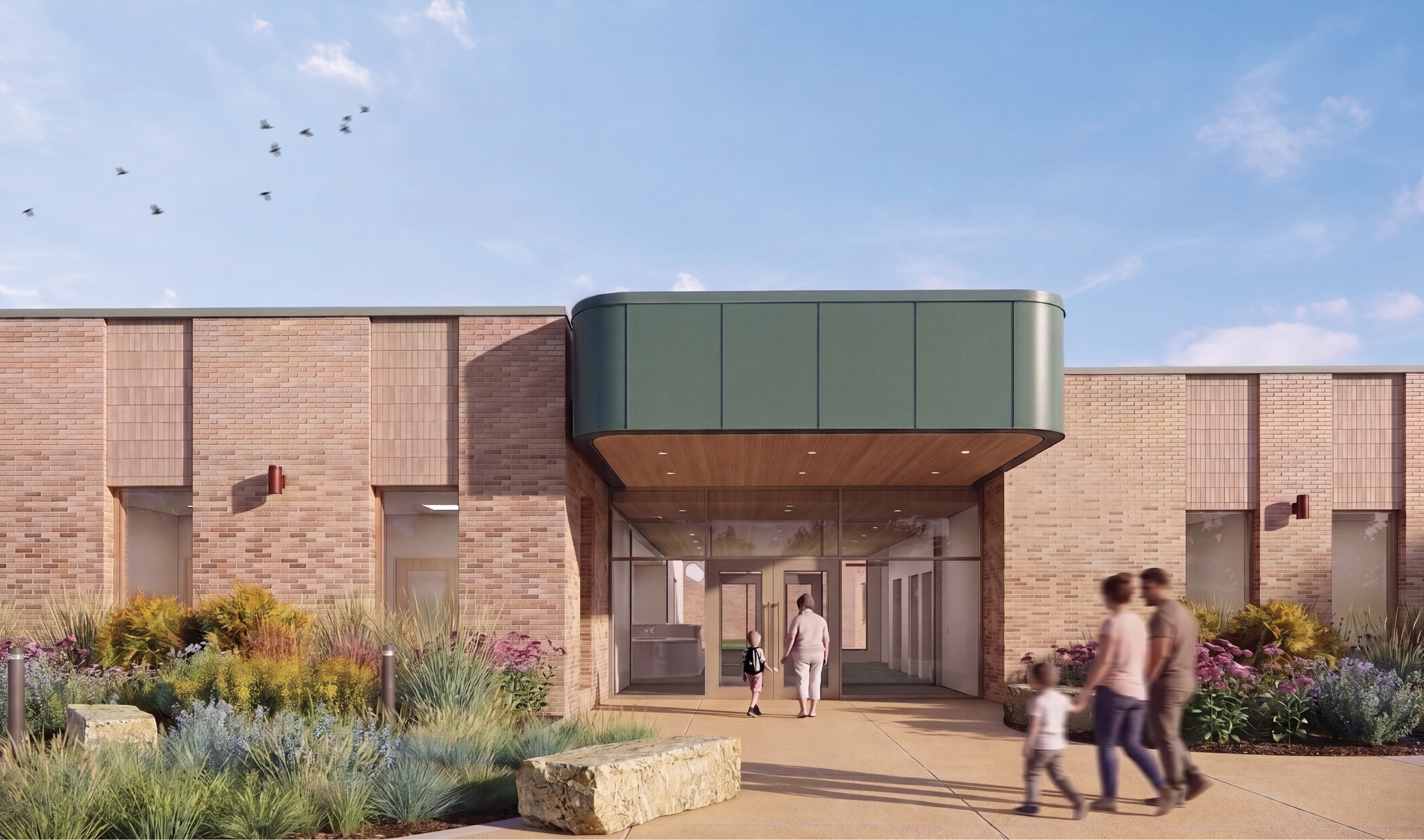 exterior rendering of a modern school building; one level light brick against a green awning entrance