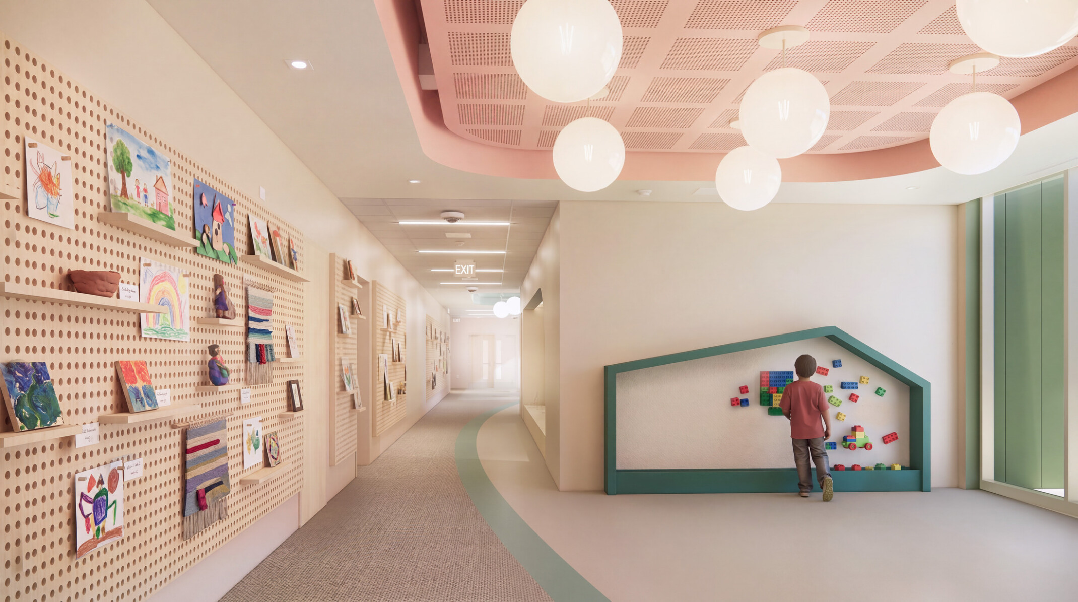 interior hallway of a school with children walking into a classroom with a colorful interactive art wall on the side of the door