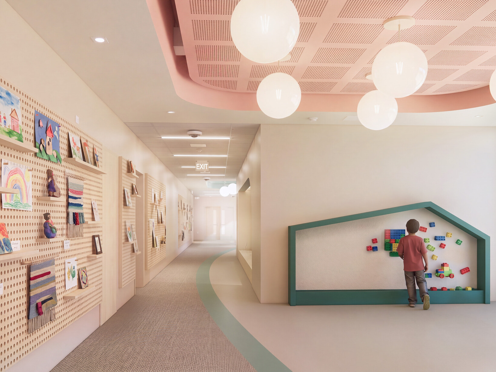 interior hallway of a school with children walking into a classroom with a colorful interactive art wall on the side of the door