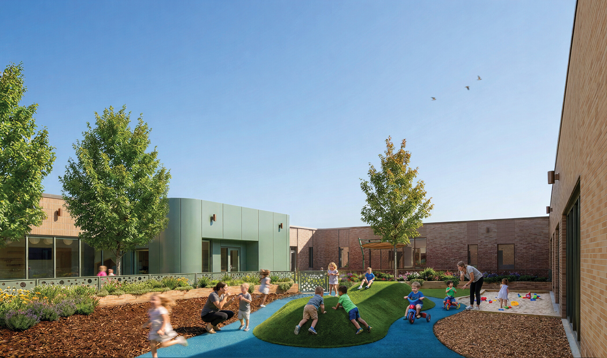 exterior rendering of a modern school building courtyard; one level light brick against a green awning entrance